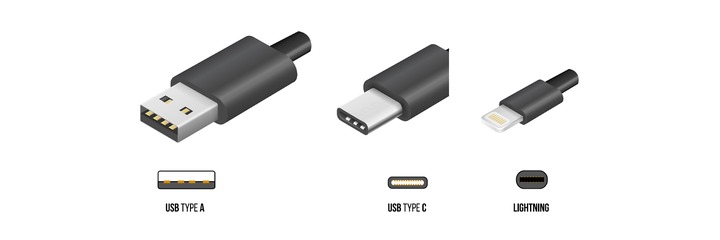 USB-A, USB-C, and Lightning plug types on a white background